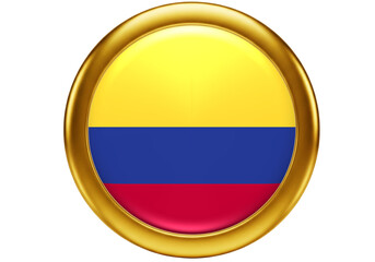 Glossy 3D Colombia National Flag Button Icon with Golden Frame