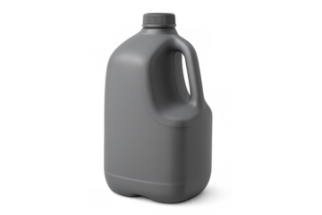 Gray plastic jug with handle, close-up view, empty bottle for chemicals or industrial liquids on transparent background