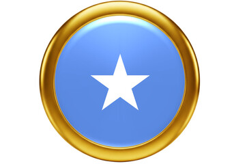 Glossy 3D Gold Framed Round Badge Featuring the National Flag of Somalia, Isolated on White