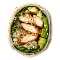 Delicious Chicken Wrap with Fresh Vegetables and Sesame Seeds in a Healthy Meal Setting on transparent background