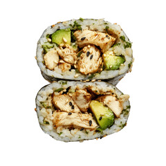 Delicious Chicken Sushi Roll with Avocado and Sesame Seeds, Perfect for a Healthy Meal or Snack on transparent background