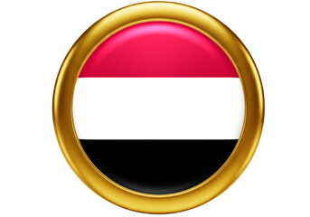 Yemen National Flag Glossy 3D Button Icon with Golden Frame