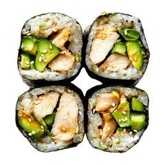Delicious Chicken Avocado Sushi Rolls with Sesame Seeds on a Black Background on transparent background
