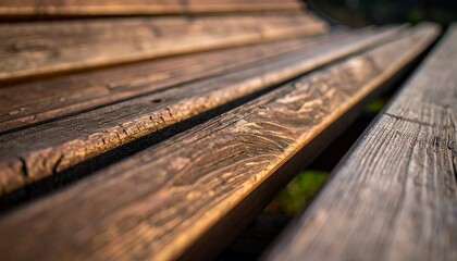 Close-up of weathered wooden bench slats with sunlight highlighting texture and grain