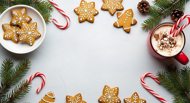 Festive christmas scene with gingerbread cookies and hot chocolate mug