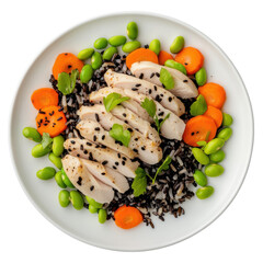 Grilled Chicken Breast with Black Rice, Edamame, and Carrots - A Healthy, Colorful Meal on transparent background