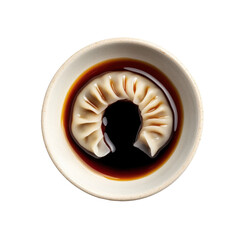 Delicious dumpling in soy sauce served in a simple white bowl, highlighting traditional Asian cuisine and inviting flavors. on transparent background