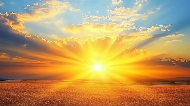 Golden sunrise over a vast field of golden wheat, casting a warm glow and creating a serene, beautiful landscape