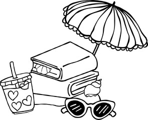 Summer Reading Bookish Outine Books Stack on  Beach with drink and sunglasses Cartoon Hand Drawn