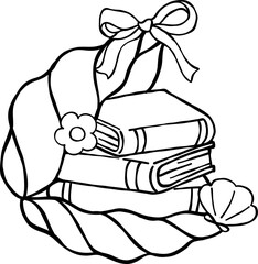 Summer Reading Bookish Outine Books Stack in Oyster Shell with bow Cartoon Hand Drawn