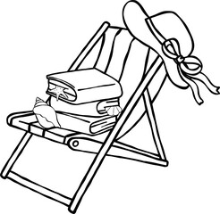 Summer Reading Bookish Outine Books Stack on Beach Chair and hat Cartoon Hand Drawn
