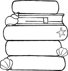 Summer Reading Bookish Outline Books Stack with seashell Cartoon Hand Drawn