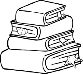 Summer Reading Bookish Outline Books Stack with seashell Cartoon Hand Drawn