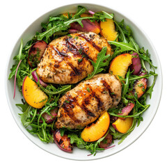 Grilled Chicken Salad with Fresh Peaches and Arugula in a Bright Bowl on transparent background
