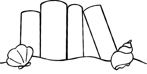 Summer Reading Bookish Outline Books and seashell on Sand Cartoon Hand Drawn