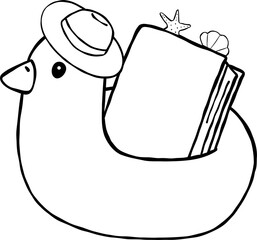 Summer Reading Bookish Outline Book and Seashell on Duck Float Cartoon Hand Drawn