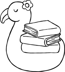 Summer Reading Bookish Outline Stack Books on Flamingo Float Cartoon Hand Drawn