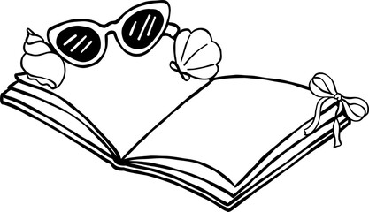 Summer Reading Bookish Outline Open Book with Sunglasses and Seashell Cartoon Hand Drawn