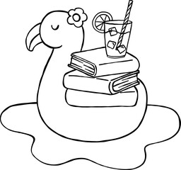 Summer Reading Bookish Outine Books Stack on Flamingo Floating Cartoon Hand Drawn