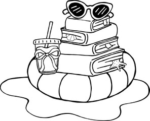 Summer Reading Bookish Outine Books Stack and sunglasses and drink on Rubber Ring Cartoon Hand Drawn