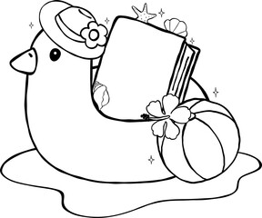 Summer Reading Bookish Outine Book on Duck Float and beach ball Cartoon Hand Drawn