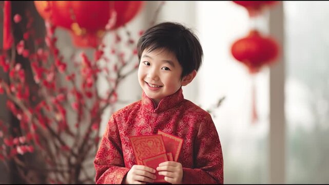 A cheerful child wearing traditional attire, celebrating a festive occasion with red envelopes and decorations.