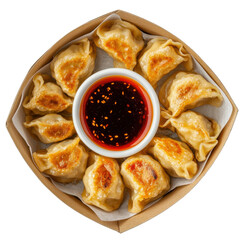 Delicious Golden Pan-Fried Dumplings with Spicy Dipping Sauce in a Takeout Box on transparent background