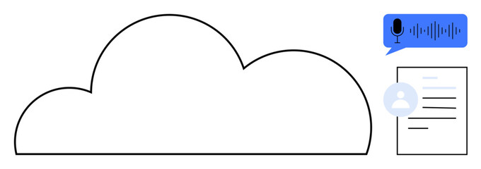Large cloud shape, microphone voice input icon in blue text bubble with waveform, and document outline. Ideal for cloud computing, voice technology, data management, file organization, transcription