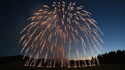 Spectacular fireworks display illuminating the night sky over a serene landscape, perfect for celebrations and vibrant event promotions