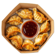 Delicious Golden Fried Dumplings with Dipping Sauce in a Takeout Box on transparent background