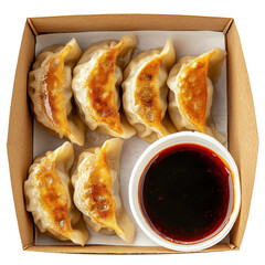 Deliciously Crisp Dumplings with Soy Sauce in a Takeout Box, Perfect for Snacking or Sharing on transparent background