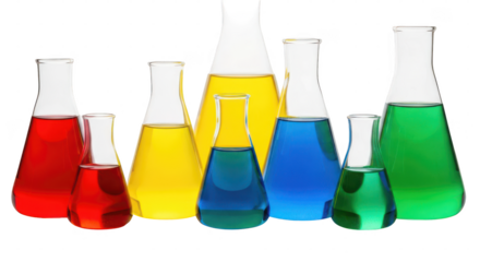Row of glass beakers filled with colorful liquids. isolated illustration on transparent background PNG