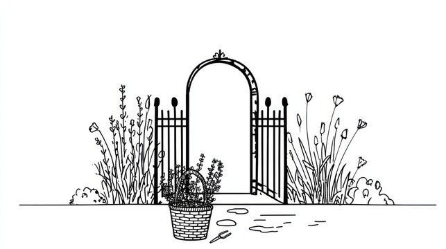 Monochrome illustration of a garden scene featuring a decorative gate and potted plants