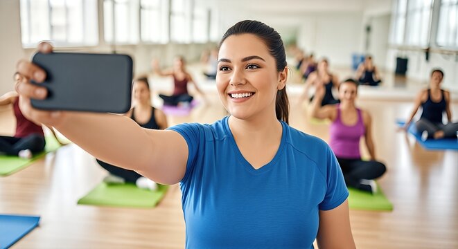 Smiling woman in blue athletic shirt taking selfie in fitness studio with yoga mats and participants in background, promoting healthy lifestyle and exercise motivation