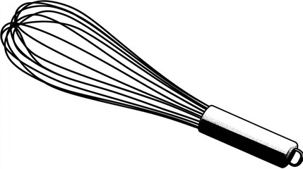 A monochrome illustration of a kitchen whisk, detailing the handle and wire tines