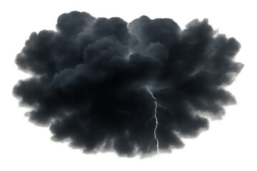 Dark storm cloud with lightning striking, representing bad weather, danger, and impactful natural events, transparent background