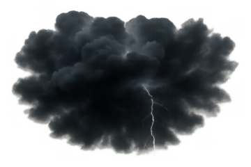 Dark storm cloud with lightning striking, representing bad weather, danger, and impactful natural events, transparent background