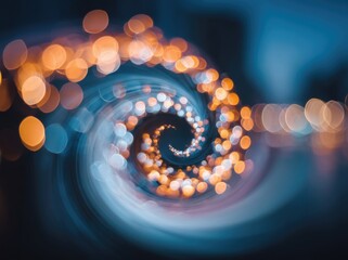 Abstract spiral light art with swirling orange and blue bokeh effects, dynamic motion and glowing gradient colors.