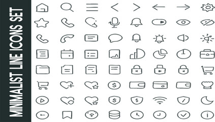 Minimalist Line Icons Set: A comprehensive collection of clean and simple line icons, perfect for web and app design, showcasing essential symbols for various digital interfaces.