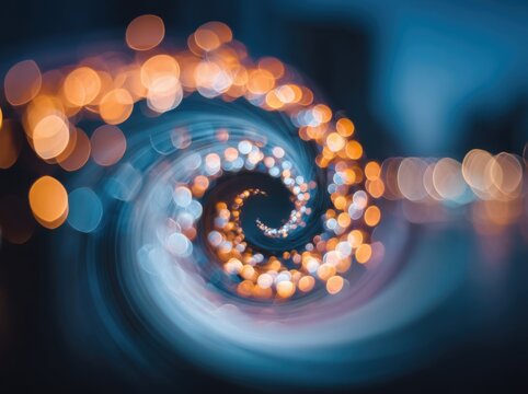Abstract spiral light art with swirling orange and blue bokeh effects, dynamic motion and glowing gradient colors.