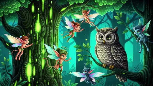 Enchanted forest scene featuring small winged sprites and a wise owl perched on a branch near glowing mystical tree