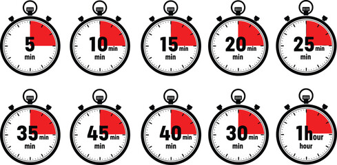 A collection of isolated stopwatch icons representing various time intervals, ideal for illustrating deadlines, countdowns, and time management concepts