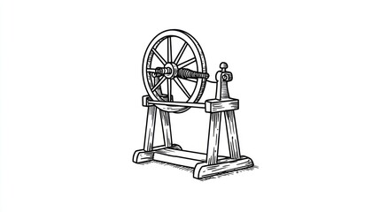 A black and white illustration of an antique wooden spinning wheel on a white background