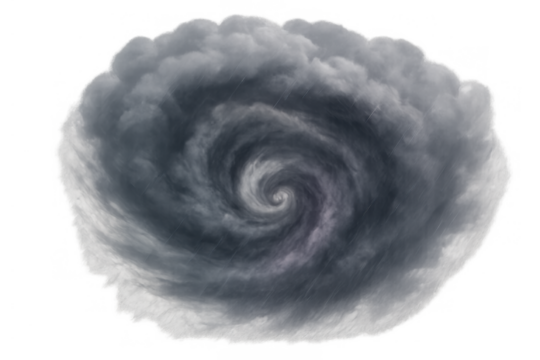 Storm cloud vortex swirling with heavy rain, forming a destructive hurricane or cyclone on transparent background