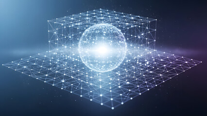 Geometric Abstraction: A captivating display of abstract forms, a glowing sphere within a cubical framework of interconnected nodes, floating in a gradient space.