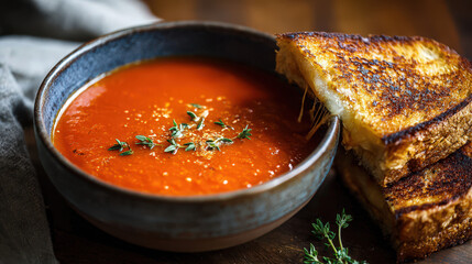 cozy tomato soup with grilled cheese sandwich in warm fall setting