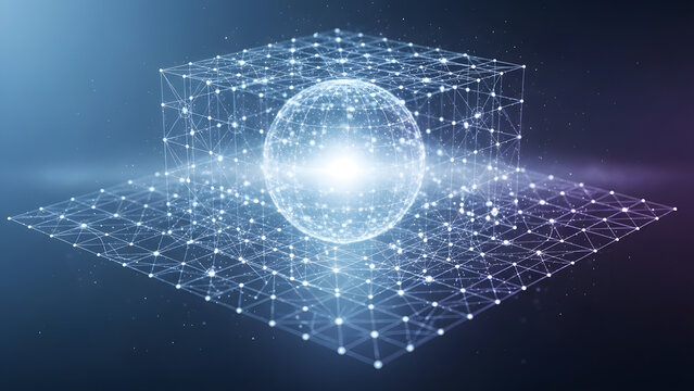 Geometric Abstraction: A captivating display of abstract forms, a glowing sphere within a cubical framework of interconnected nodes, floating in a gradient space. - Powered by Adobe