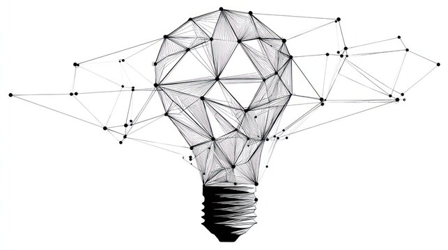 Conceptual image of a lightbulb rendered with a network of connected nodes and lines