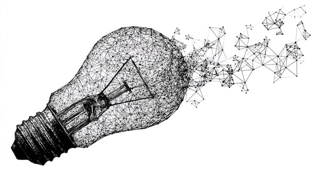 Conceptual image of a lightbulb rendered with a wireframe effect, dissipating