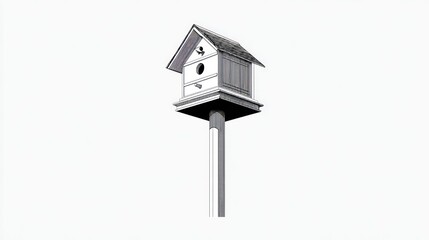 Illustration of a birdhouse perched atop a tall post, against a blank white backdrop